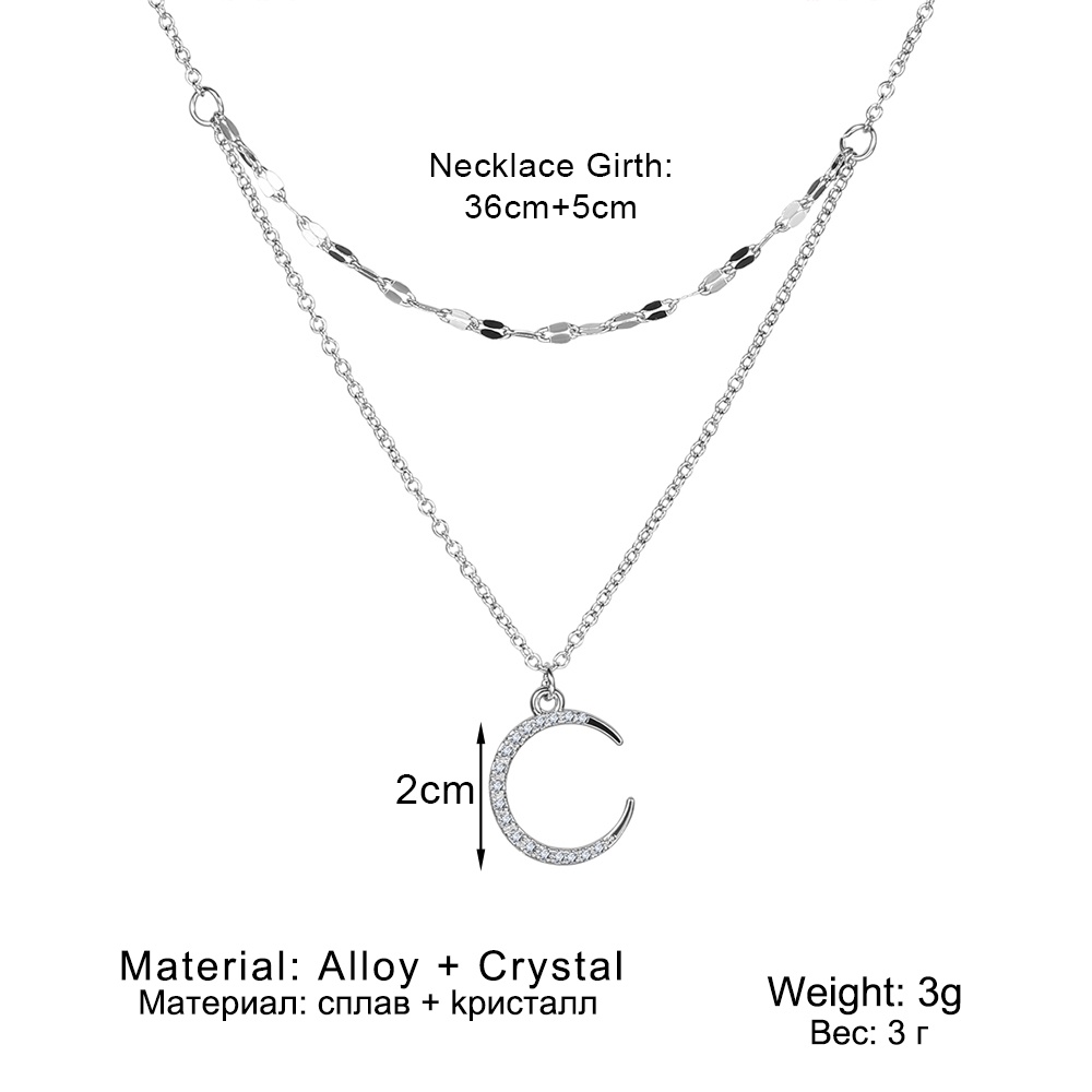 Kalung Choker Rantai Multilayer Dengan Liontin Bulan Sabit Aksen Kristal Untuk Wanita