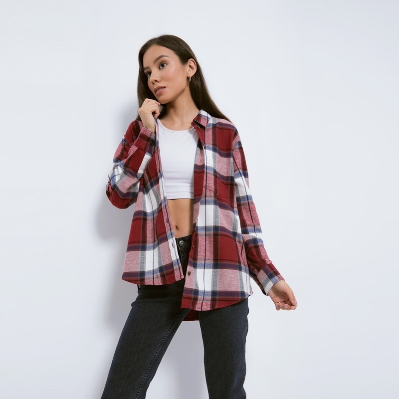 [W] Kemeja Flanel Oversize Boyfriend Unisex WARNA HITAM TIDAK ADA LAGI-2