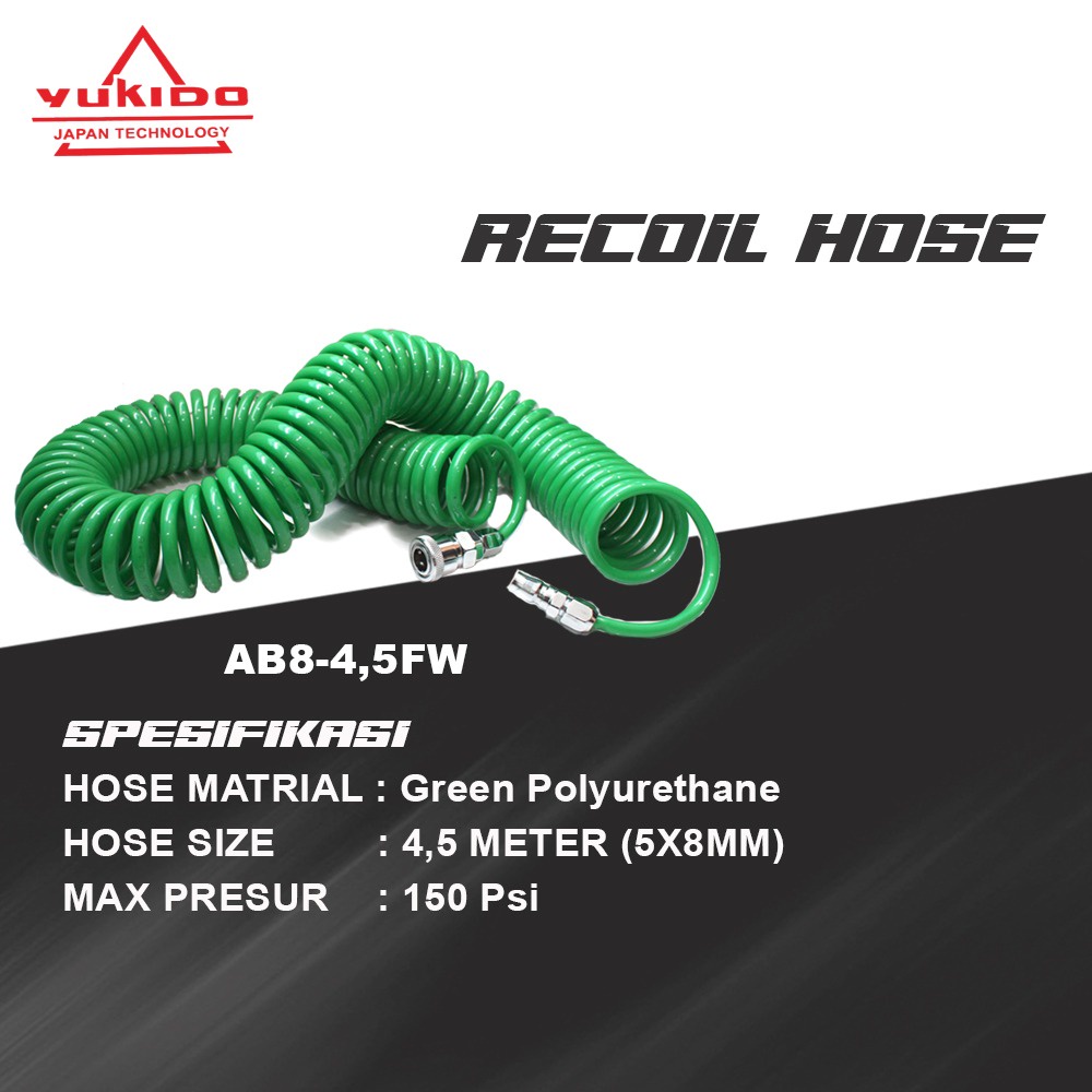 Recoil Hose Selang Angin Kompresor Spiral 4,5m HIJAU YUKIDO BY JAPAN TECHNOLOGY