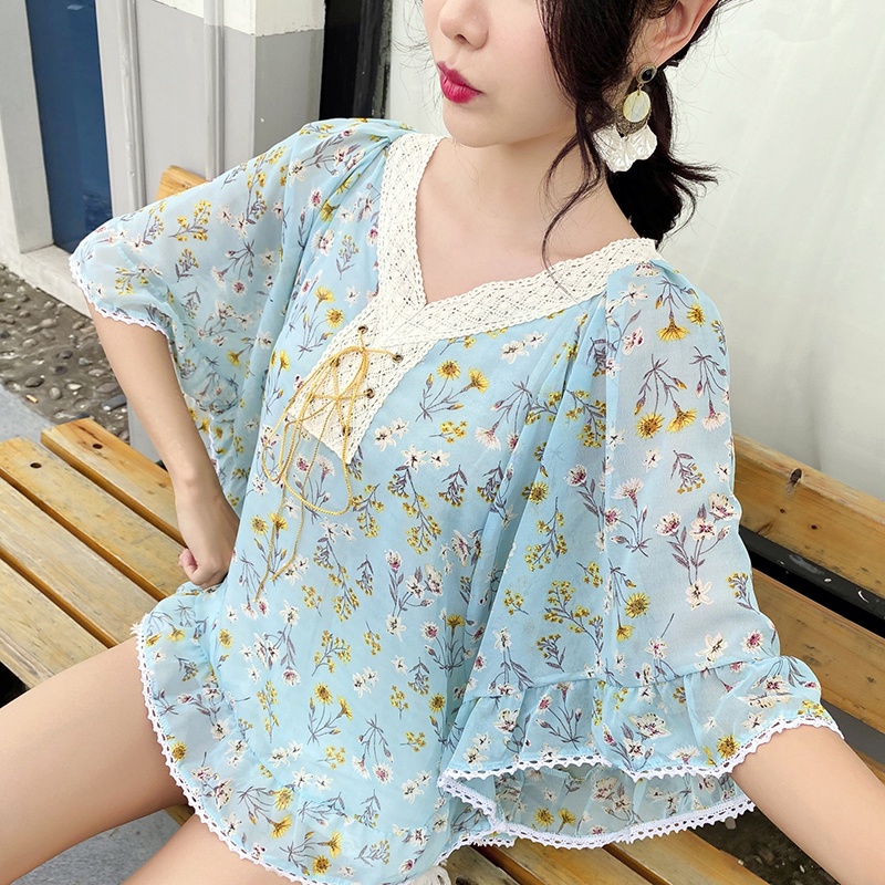 2022 New Fashion loose Korean Chiffon Floral 3/4 Sleeve White Blue Women Blouse Tops Pakaian Serban 2023