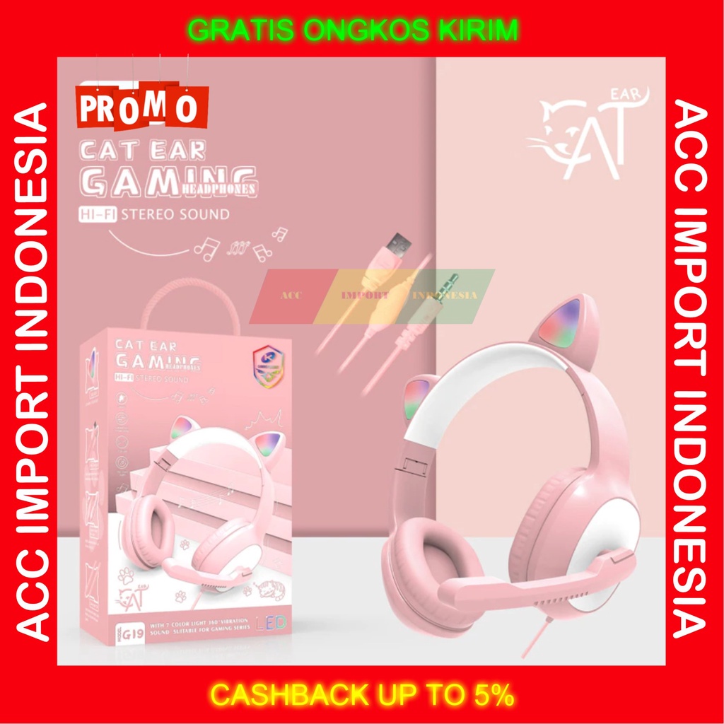 Cat Ear Headphone Telinga Kucing Headset Gaming Cewek Pink Lucu Mic