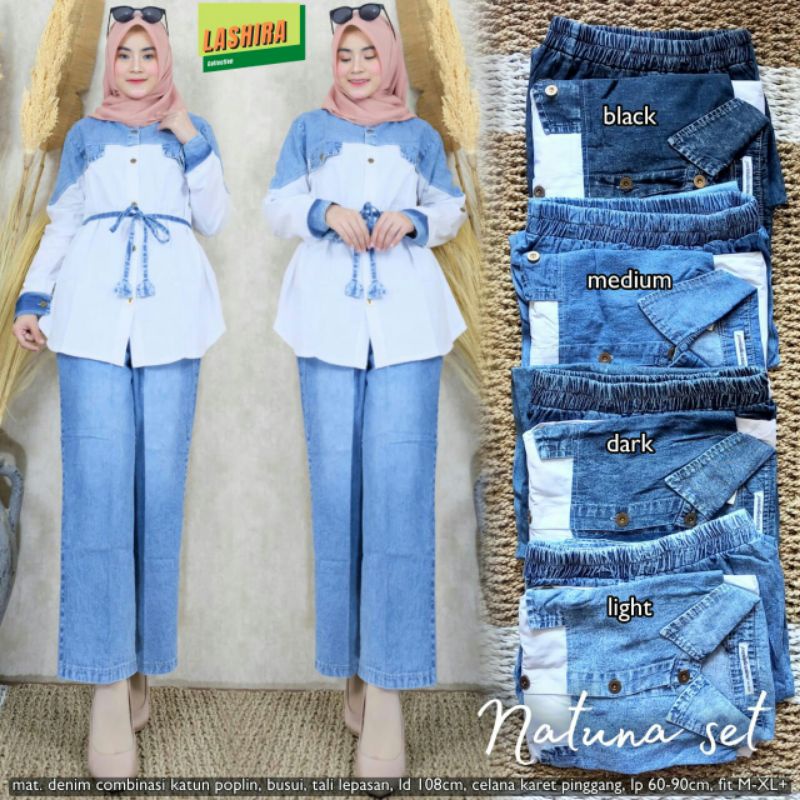 SETELAN JEANS WANITA NATUNA SET BY LASHIRA/DENIM KOMBINASI KATUN POPLIN LD 108/BUSUI FRIENDLY TALI L