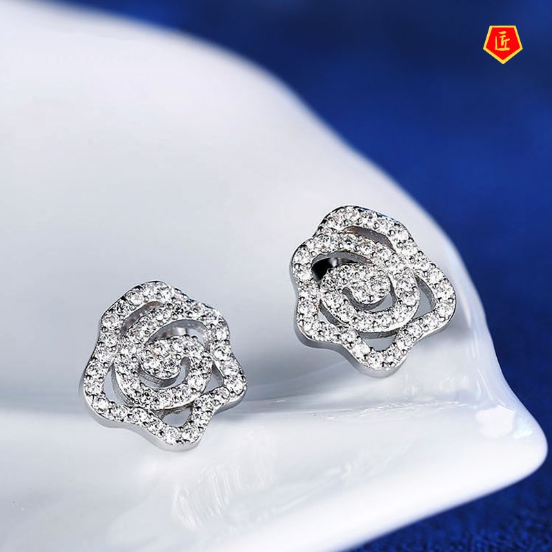 [Ready Stock]925 Silver Rose Diamond Stud Earrings Graceful Fashionable