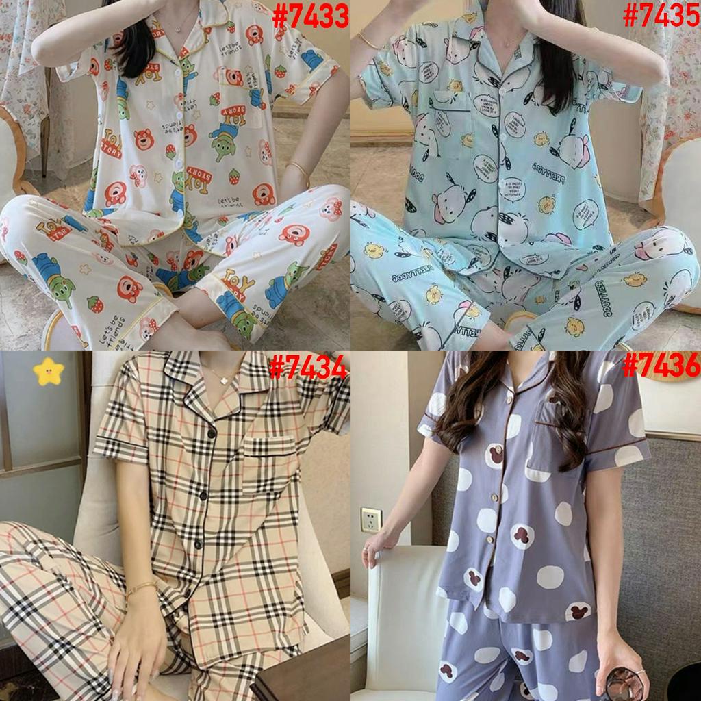 Piyama Baju Tidur Wanita Import Fashion Karakter CP Kerah Kemeja Lengan Pendek Celana Panjang