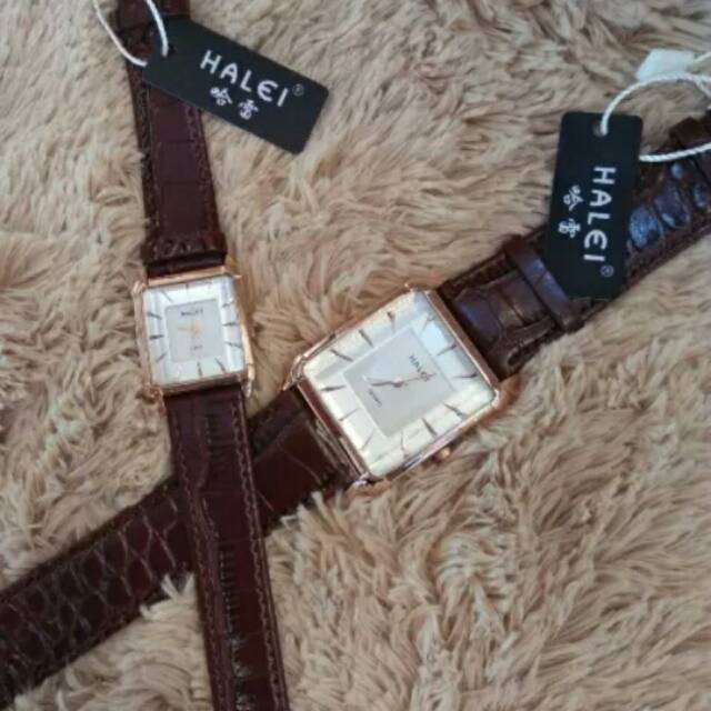 JAM TANGAN COUPLE HALEI DARI MIRAGE BODY ROSEGOLD KULIT COKLAT