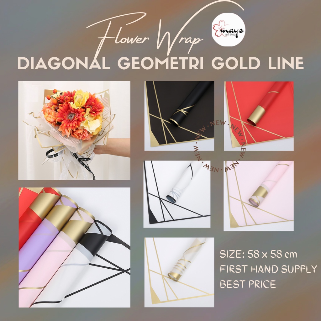 

[5 Lembar] Kertas Buket Bunga Flower Wrapping - Flower Wrap Paper Cellophane Diagonal Geometri Gold List Line Frame Bingkai Emas - Floral Wrap Geometris Flower Bouquet Bungkus Bucket Waterproof Korea Style 58 x 58 cm Murah