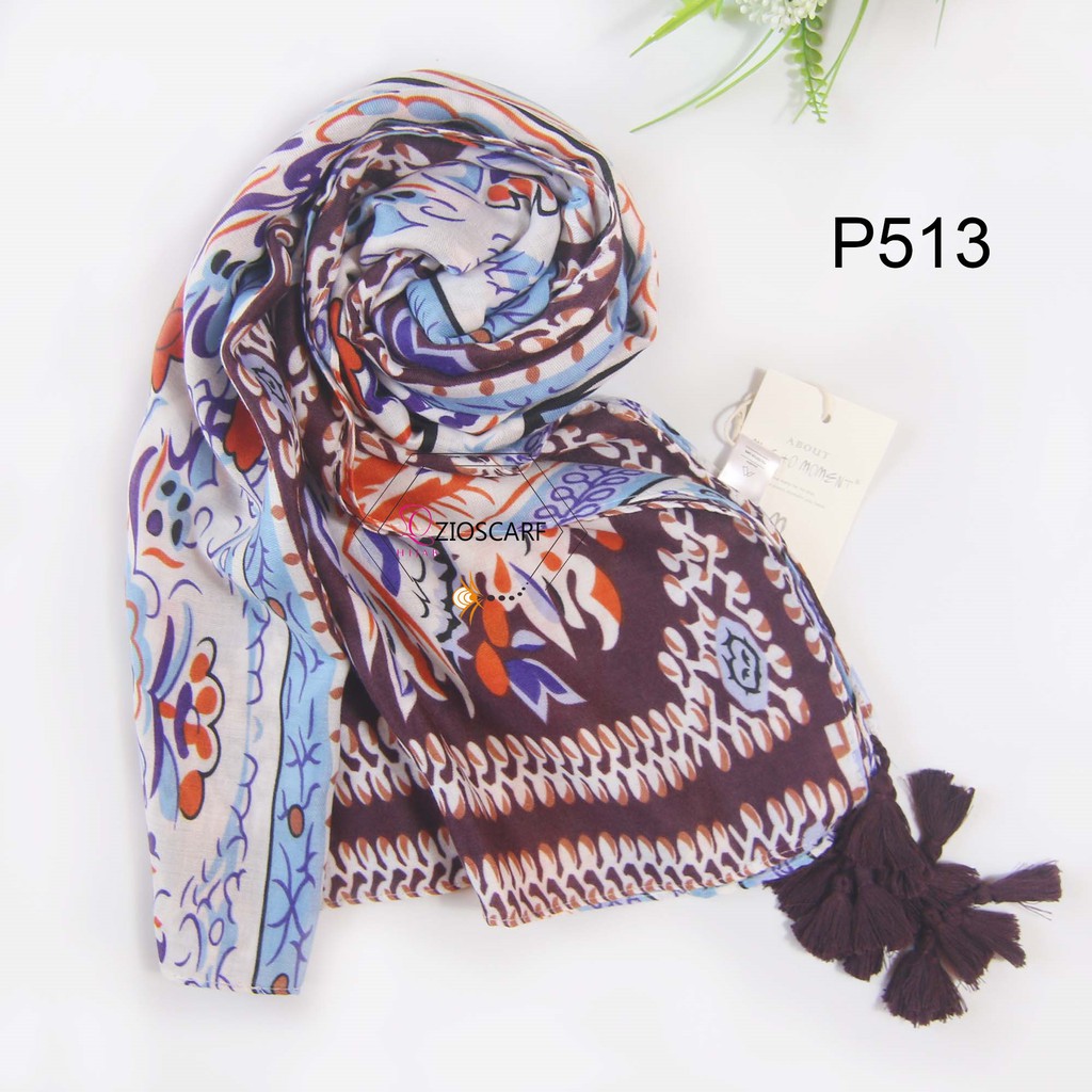 pashmina motif premium import P513 beverra tassel shawl scarf mucho moment zioscarf