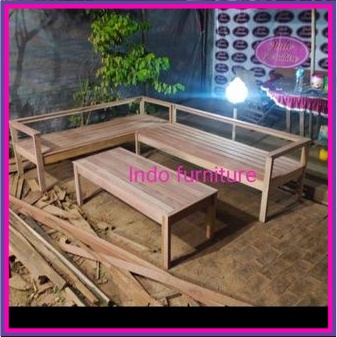 Kursi tamu model sudut L meja kursi ruang tamu minimalis kayu Kalimantan bengkirai