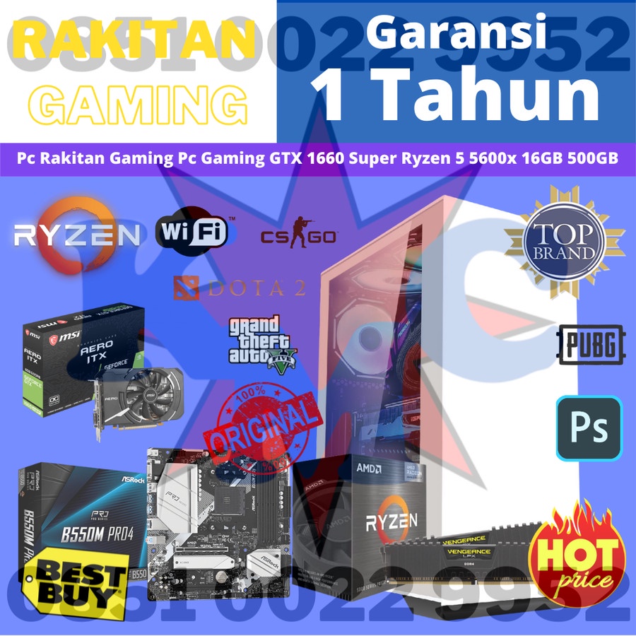 PC Rakitan Gaming PC Gaming GTX 1660 Super Ryzen 5 5600X 16GB 500GB