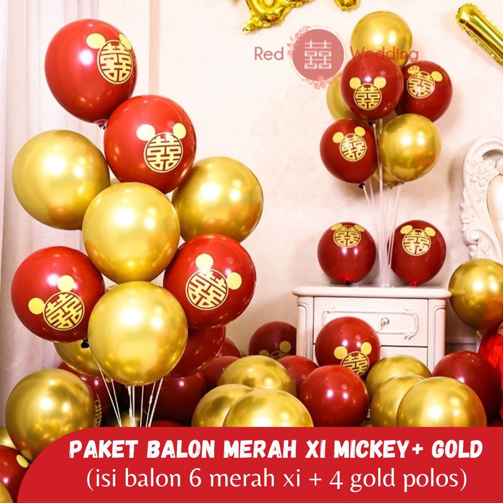 Balon Merah Pesta bahan tebal dengan Logo Mickey Mouse Emas isi 10pcs