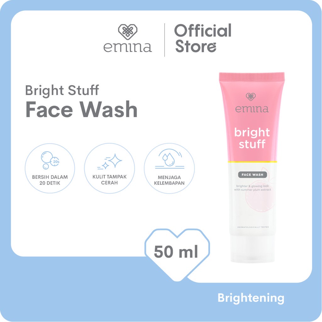 EMINA Bright Stuff Face Wash Indonesia / Pembersih Wajah 50ml 100ml / Brighter &amp; Glowing Look With Summer Plum Extract / Cerah Glowing Anti Kusam Bersih / Skincare Face Care Facial Foam Scrub Cleanser Cleansing / Sabun Cuci Muka Treatment Perawatan Series