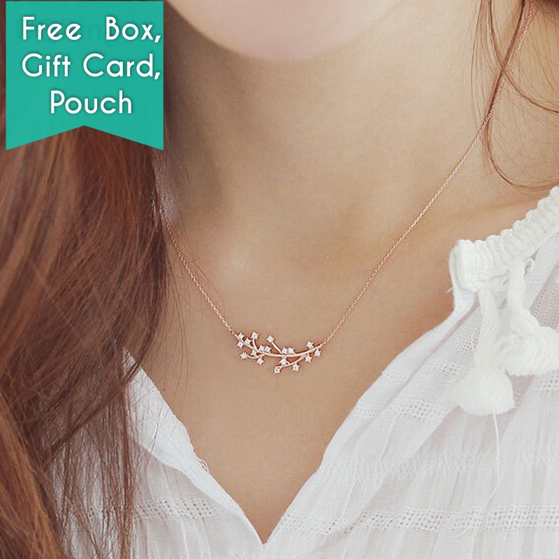 Kalung Wanita 925 Sterling Silver Necklaces Zircon Crystal Tree Necklace Paket Lengkap Gift Kado Box
