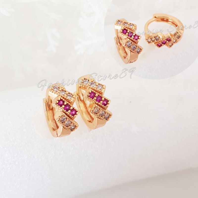 Anting Jepit Permata Kombinasi Pink White Impor Bestquality Perhiasan Lapis Emas Elegant Anting Jepit Permata Pink white Fashion