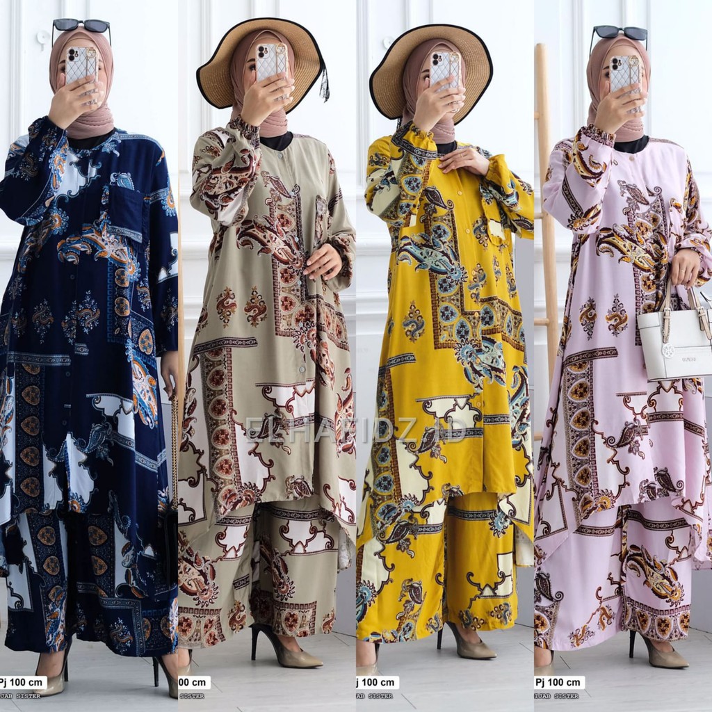 Hijab Sisters Sahara One Set Jumbo Rayon Motif Abstrak / Setelan Muslim Wanita LD 110 / Long Tunik B