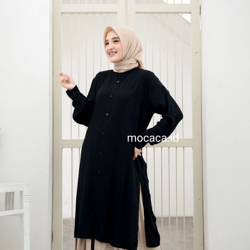 Tunik Slit Polos Hitam Katun Rayon Twill Premium Kancing Depan Belakang Lengan Kemeja ukuran bigsize