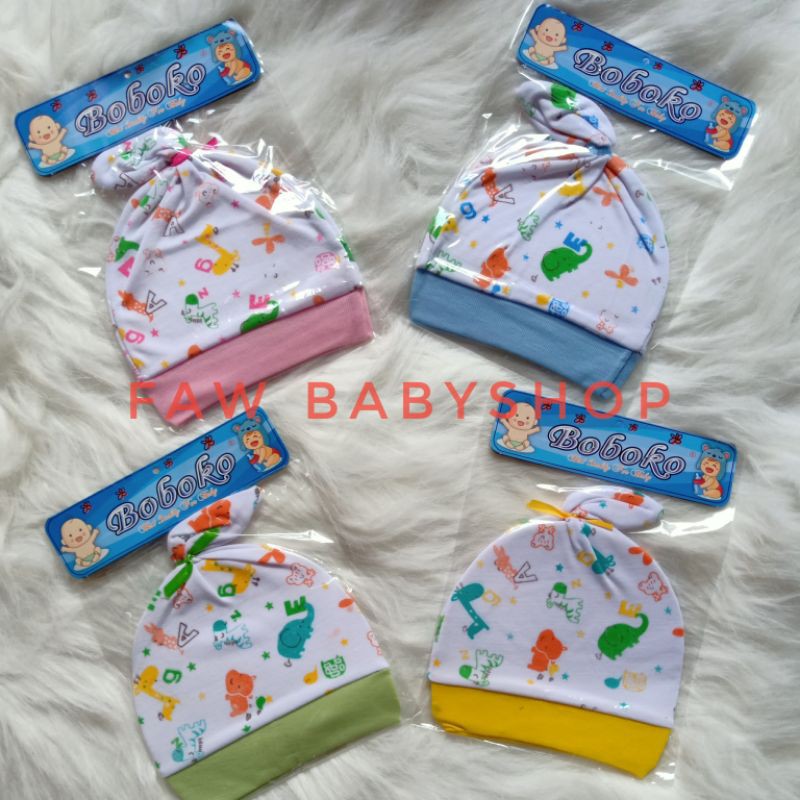 Topi Bayi Newborn Motif/Polos BOBOKO size 0-3 Bulan Baru lahir