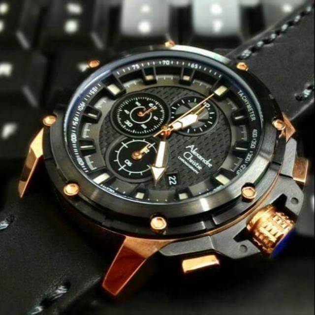 Jam Tangan Keren Elegant Alexandre Christie AC 6390 MC Leather Black Rosegold Original