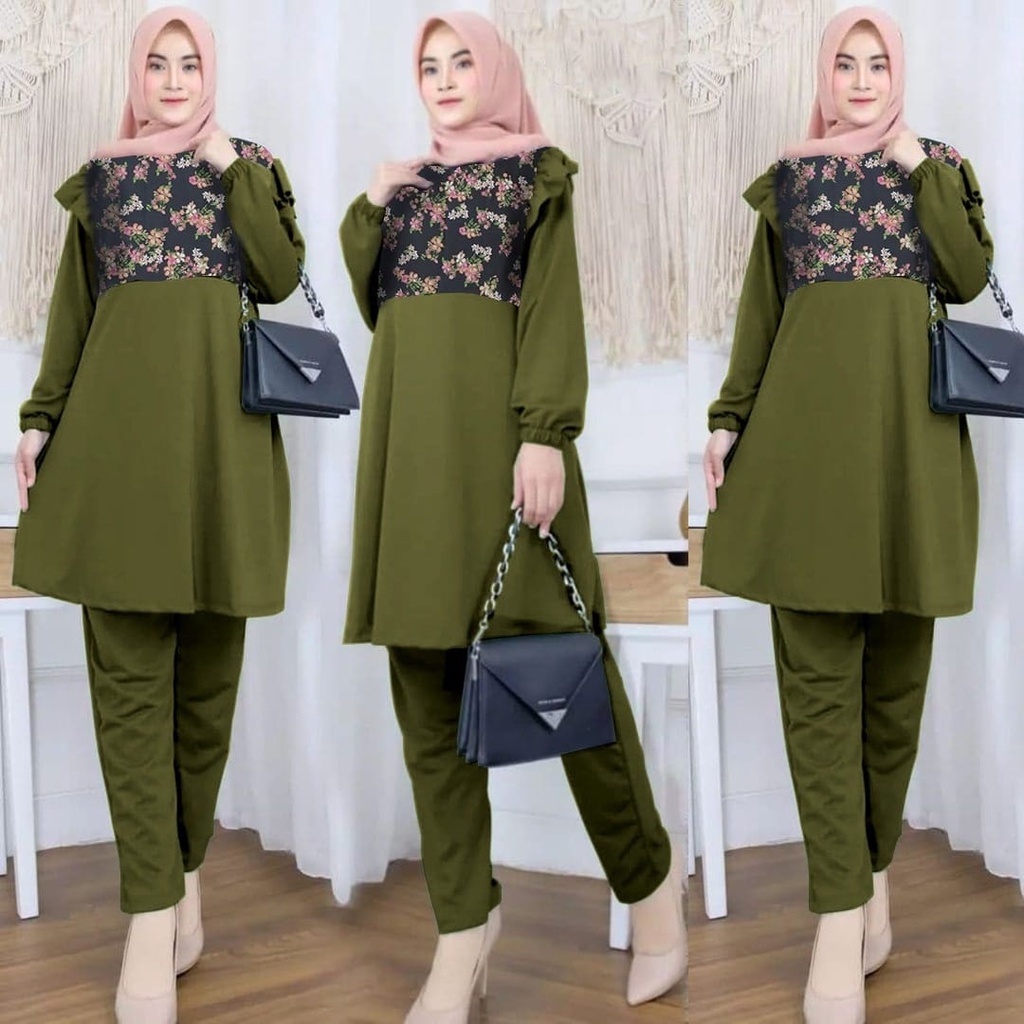 Baju Setelan Wanita Remaja Motif Bunga Terbaru 2022 Model Kekinian Trendy Set Long Tunik Celana Pest