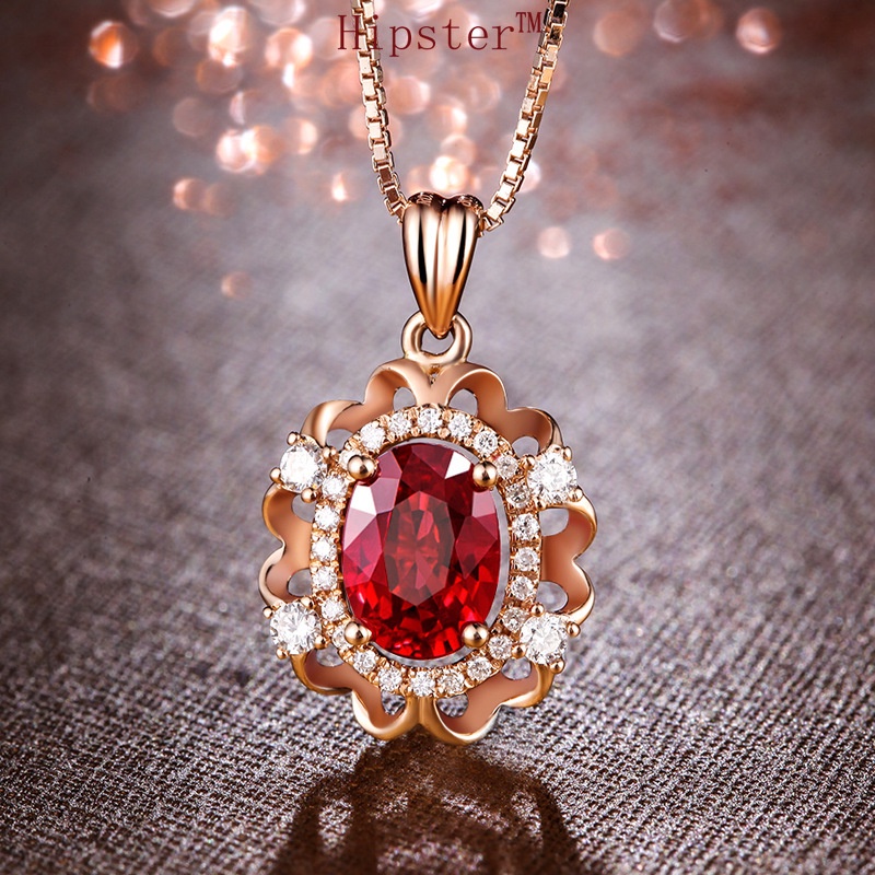 Full Diamond Natural Ruby Pendant Vintage Rose Gold Necklace