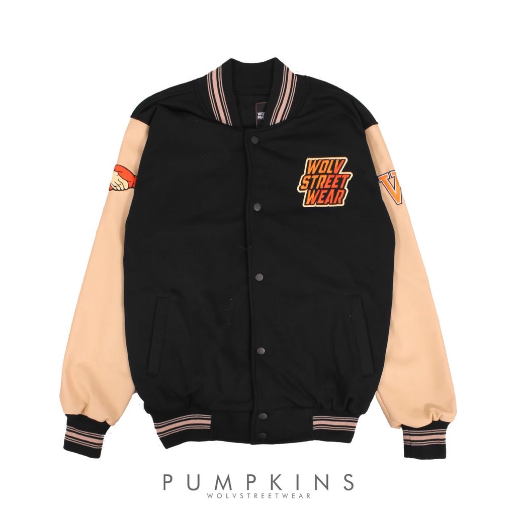 [BISA COD] Jaket Baseball Varsity Pria &amp; Wanita Angry Pumpkin, With Premium Leather Material (Original 100%)