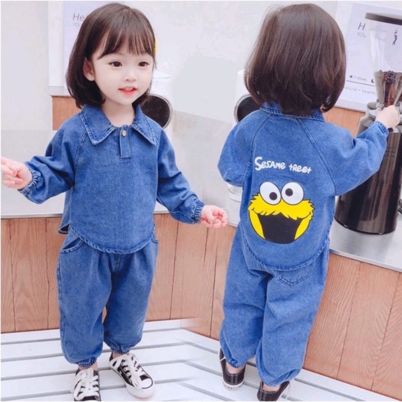 trendy Setelan sweater jeans kerah bayi anak motif sesame usia 6 bulan-5 tahun bahan jeans terbaru termurah terlaris/ Setelan sweater jeans kerah bayi anak perempuan/ Setelan sweater jeans kerah bayi anak cewek/ Setelan sweater jeans kerah bayi anak cewe