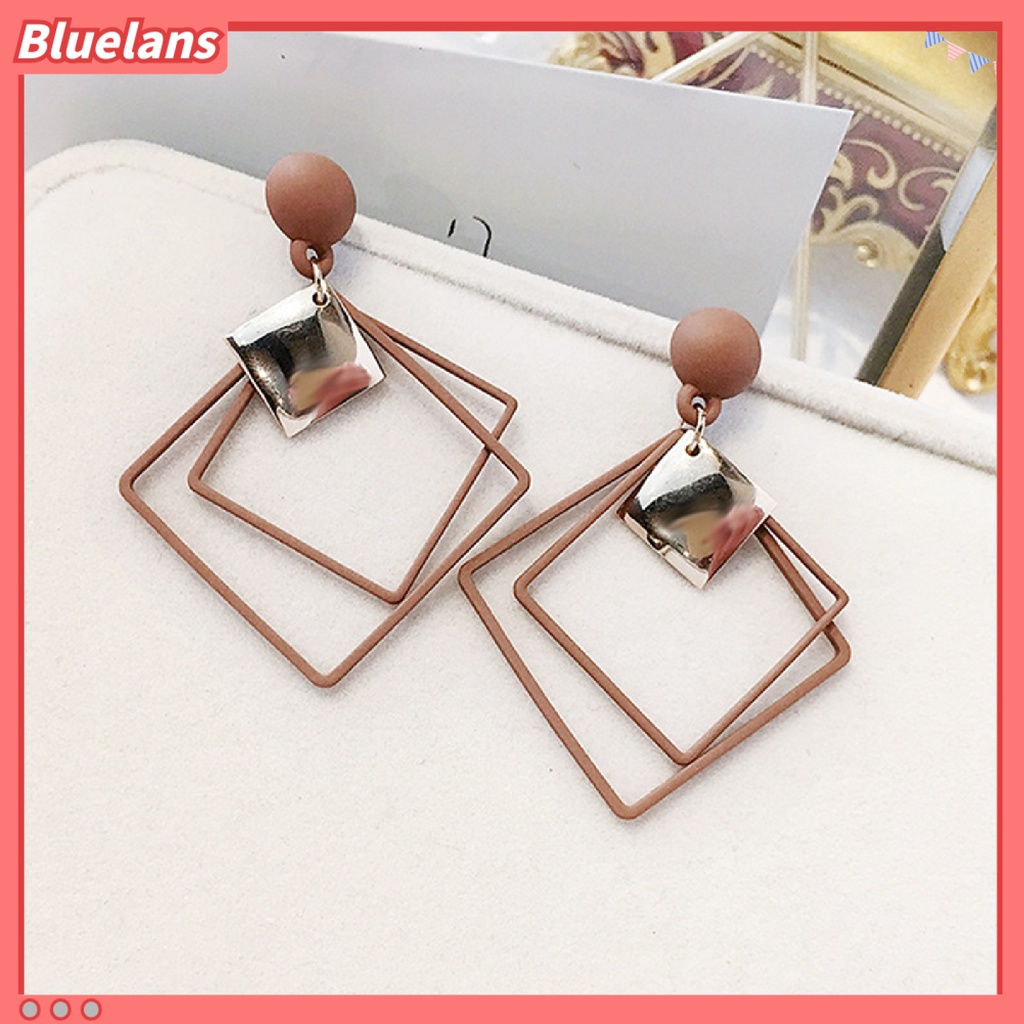 Bluelans 1 Pasang Anting Tusuk Gantung Wanita Bahan Alloy Desain Persegi Ganda Untuk Hadiah