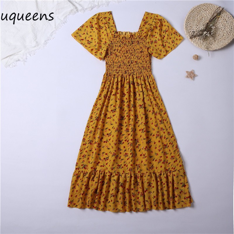 ready stock smocked raffle dress bunga panjang dengan lengan pendek