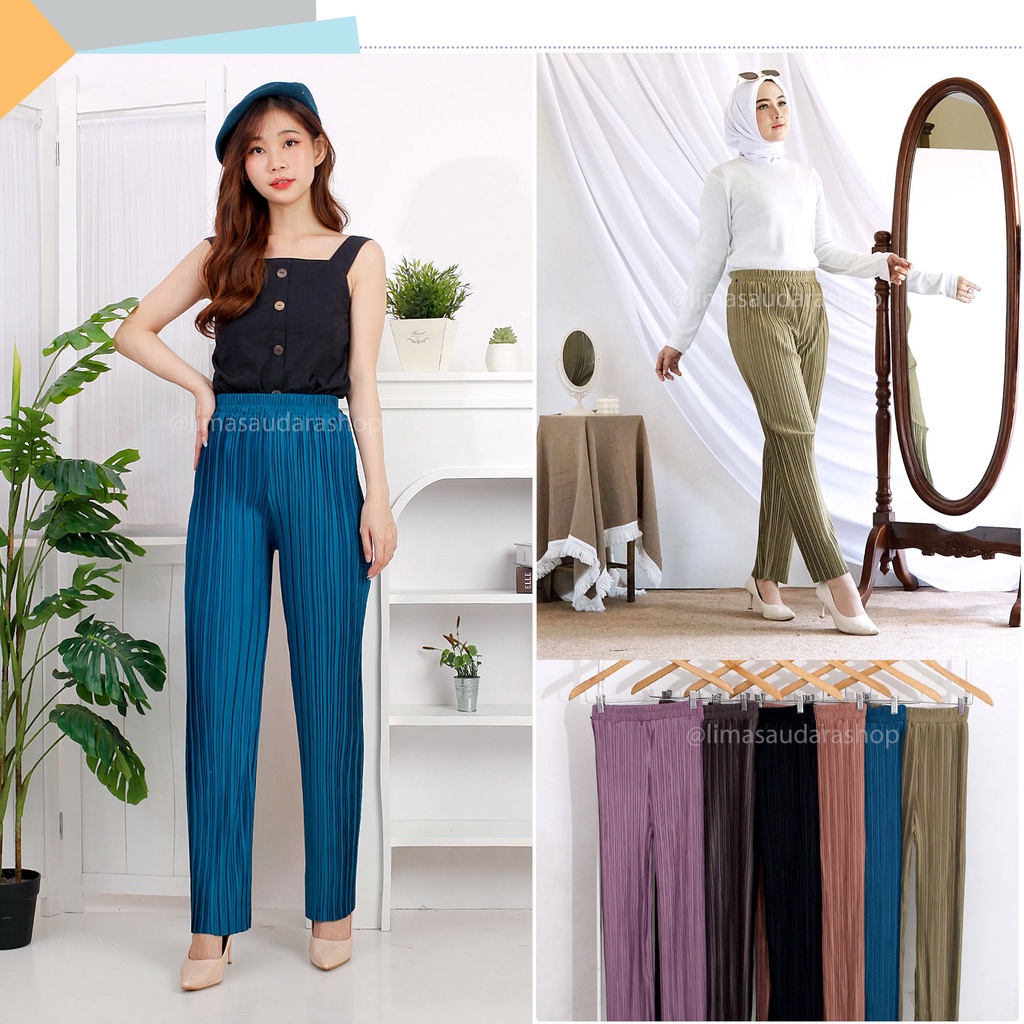 Celana Plisket Pensil / Pencil Pleated Pants Premium Glossy Nyaman Panjang