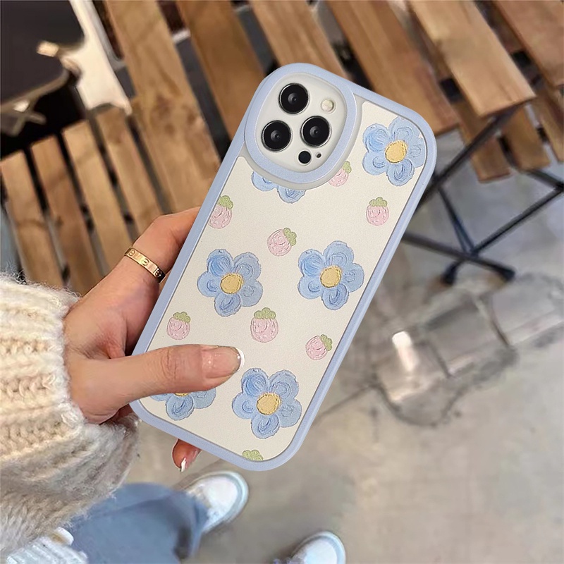 Soft Tpu Oil Painting Blue Flower Pattern Case Compatible for IPhone 11 12 13 14 Pro Max 7 8 6 6s Plus X XR XS Max SE 2020 Summer Strawberry Shockproof Camera Protector Back Cover