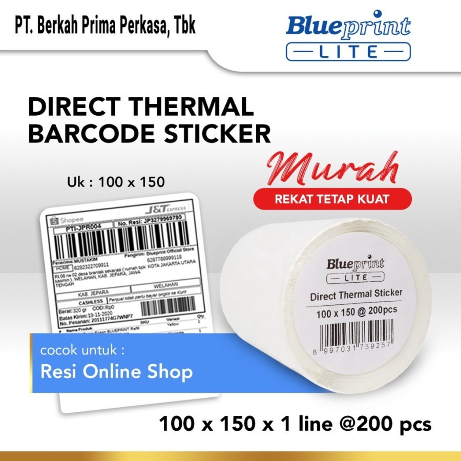 Direct Thermal Sticker barcode resi Label blueprint Lite 100x150 mm 1 line 200pcs roll perforasi Gap 3mm