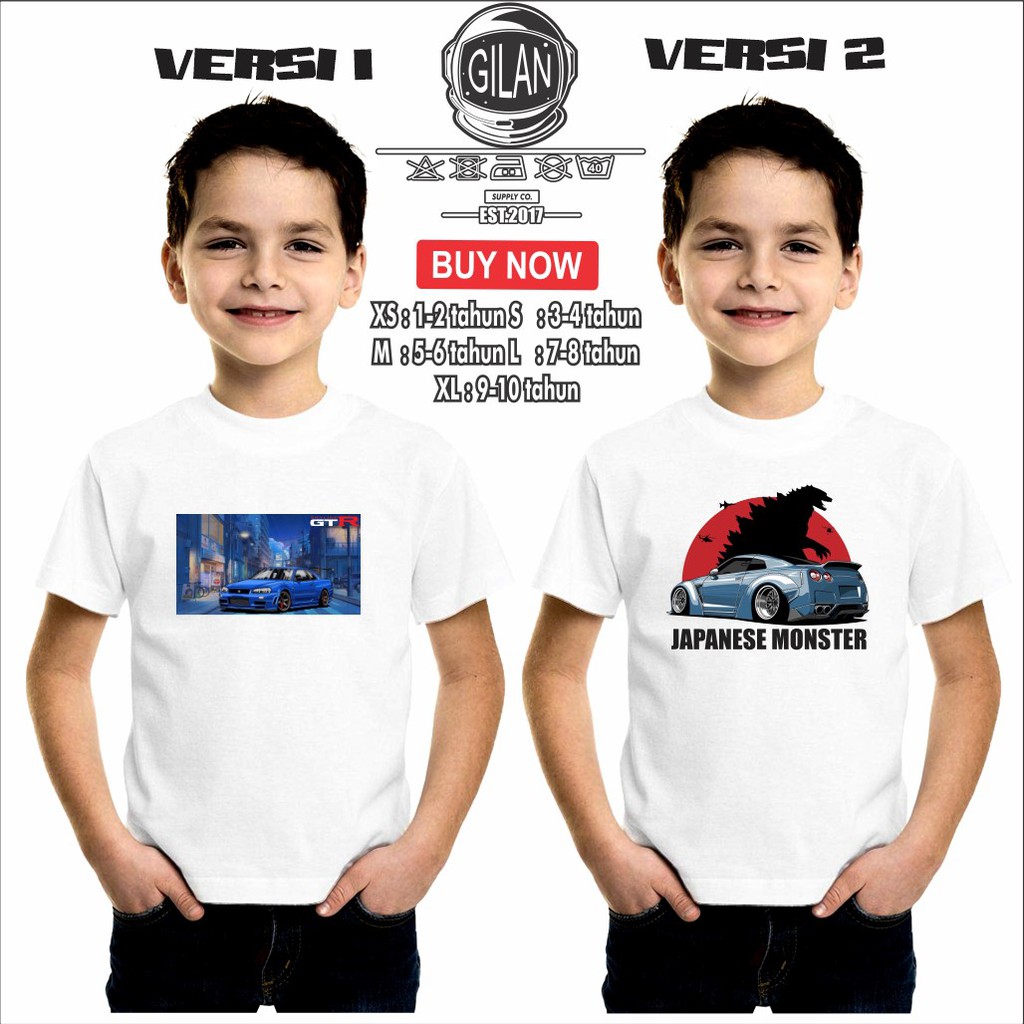 Kaos Baju Anak Mobil NISSAN SKYLINE GTR R34 GODZILLA MONSTER JDM Kaos Anak Otomotif-