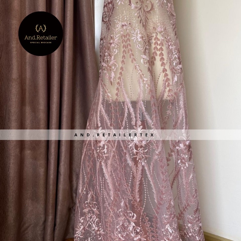 Bahan Kebaya Brokat Tulle Payet Gloria Exclusive Warna Rose Gold