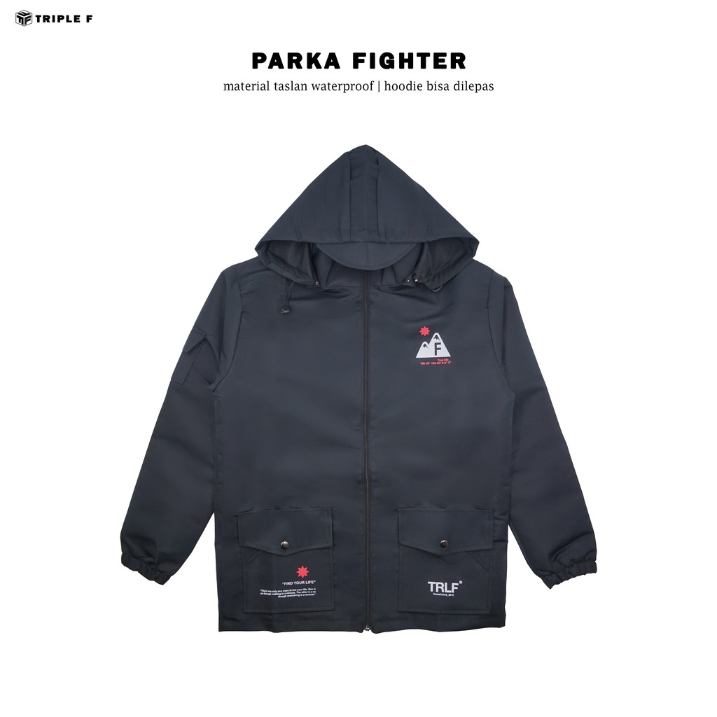 Jaket Parasut Parka Fighter Polos Pria Wanita Unisex Taslan Anti Air Angin Black Army Khaki Size L XL Original Triple F