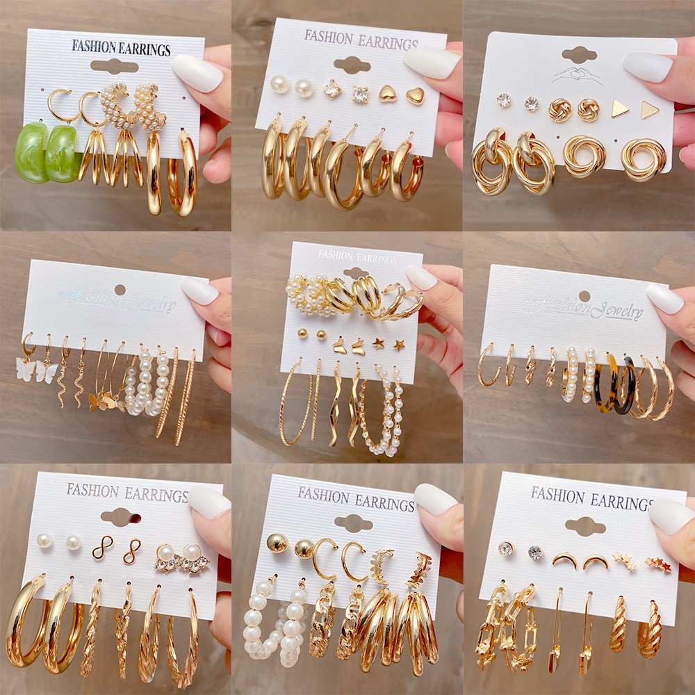 6 Pasang / Set Anting Stud Hias Liontin Kupu-Kupu Mutiara Warna Emas Gaya Retro Untuk Wanita