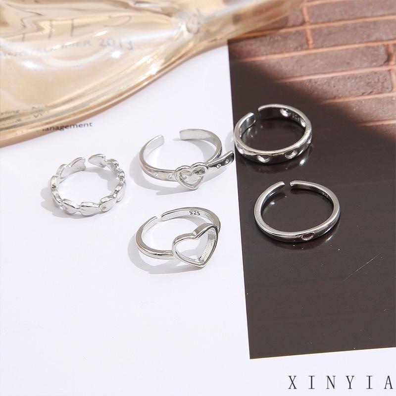 Set Cincin Desain Kupu-Kupu Smiley Hati Kotak-Kotak Aksen Mutiara Warna Emas Perak Gaya Punk