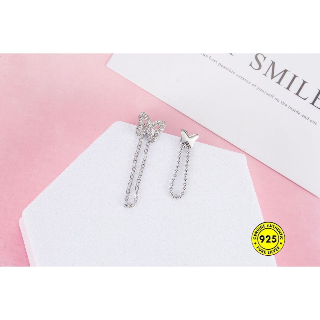 Anting Stud Desain Kupu-Kupu Asimetris Aksen Berlian Imitasi Bahan S925 Sterling Silver Tahan Air Untuk Wanita