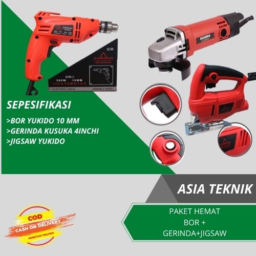 PROMO PAKET TUKANG HEMAT!!!! 3 ITEM BOR+GERINDA+JIGSAW/BOR YUKIDO 10MM GERINDA KUSUKA 4 INCHI JI8GSAW YUKIDO