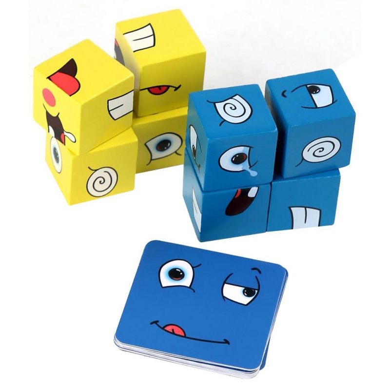 Wooden Educational Toys Magic Face Change Cube Building Blocks Puzzle Interactive Board Game Challenge Learn Emoticon Children Gift