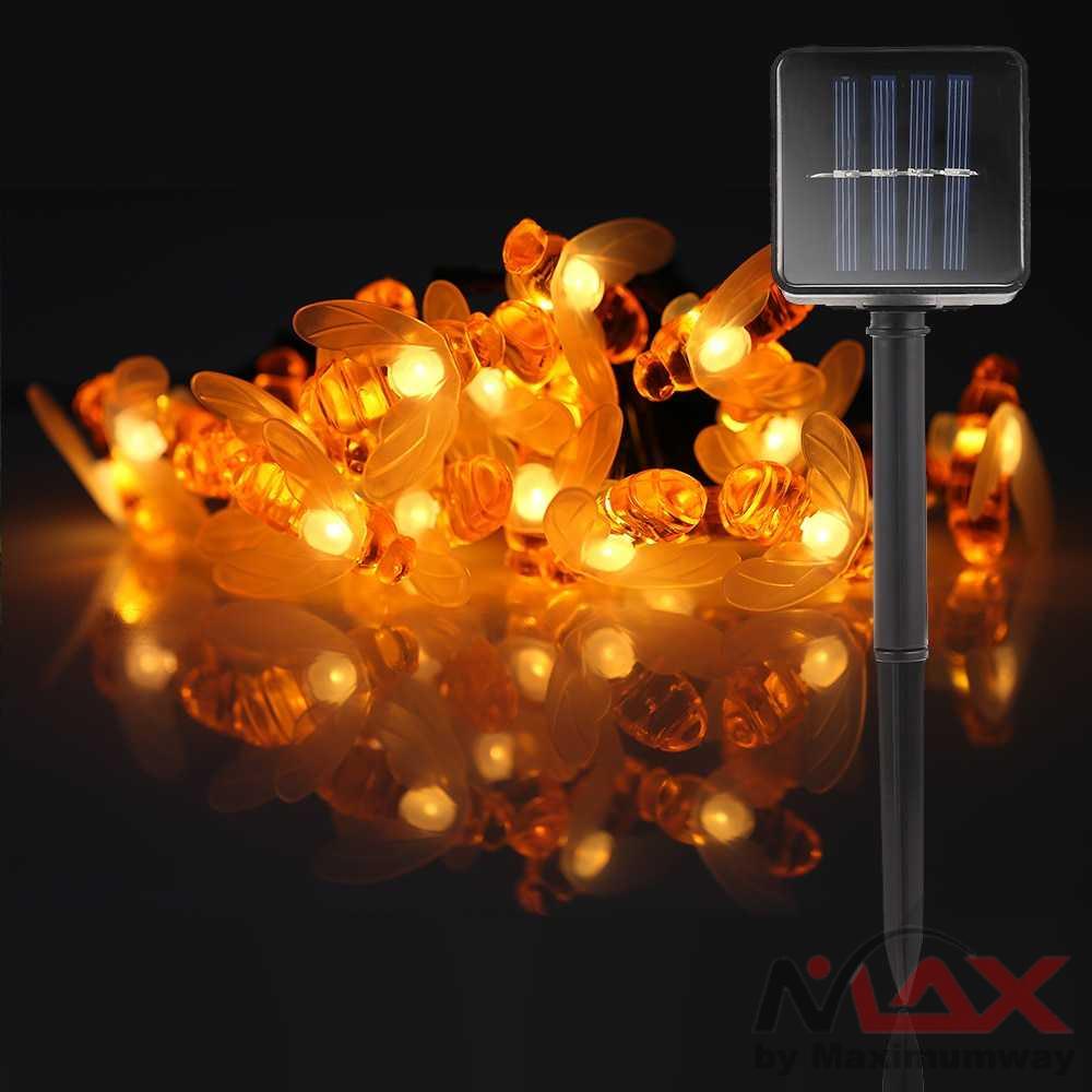 Finether Lampu Hias Dekorasi Lebah Bee 50 LED with Solar Panel tenaga surya taman outdoor lampu taman lampu hias taman dekorasi taman Bee Shaped LED String Light Battery Operated Christmas Garlands Fairy Lights For Room Holiday Party Garden Decoration