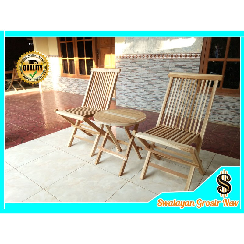 SG01 SET MEJA KURSI TERAS TAMU LIPAT RUMAH CAFE MOTIF BUNDAR SALUR KAYU JATI KECIL MINIMALIS SET