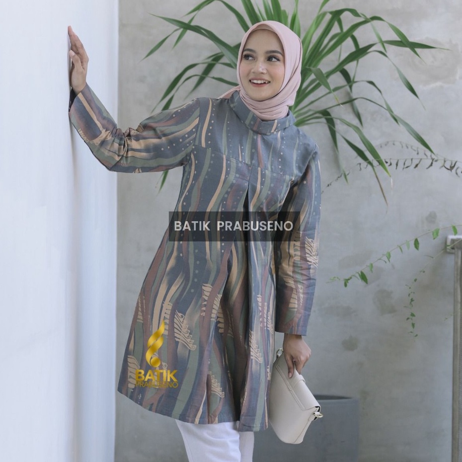 Tunik Atasan Batik Wanita Motif BINAR A Lengan Panjang Original Kemeja Elegan Kekinian Terbaru Jumbo