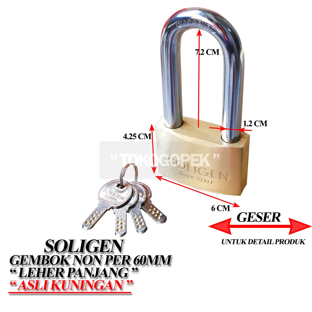 SOLIGEN Gembok Panjang Kuningan 40mm 50mm 60mm Gembok Pagar/Pintu