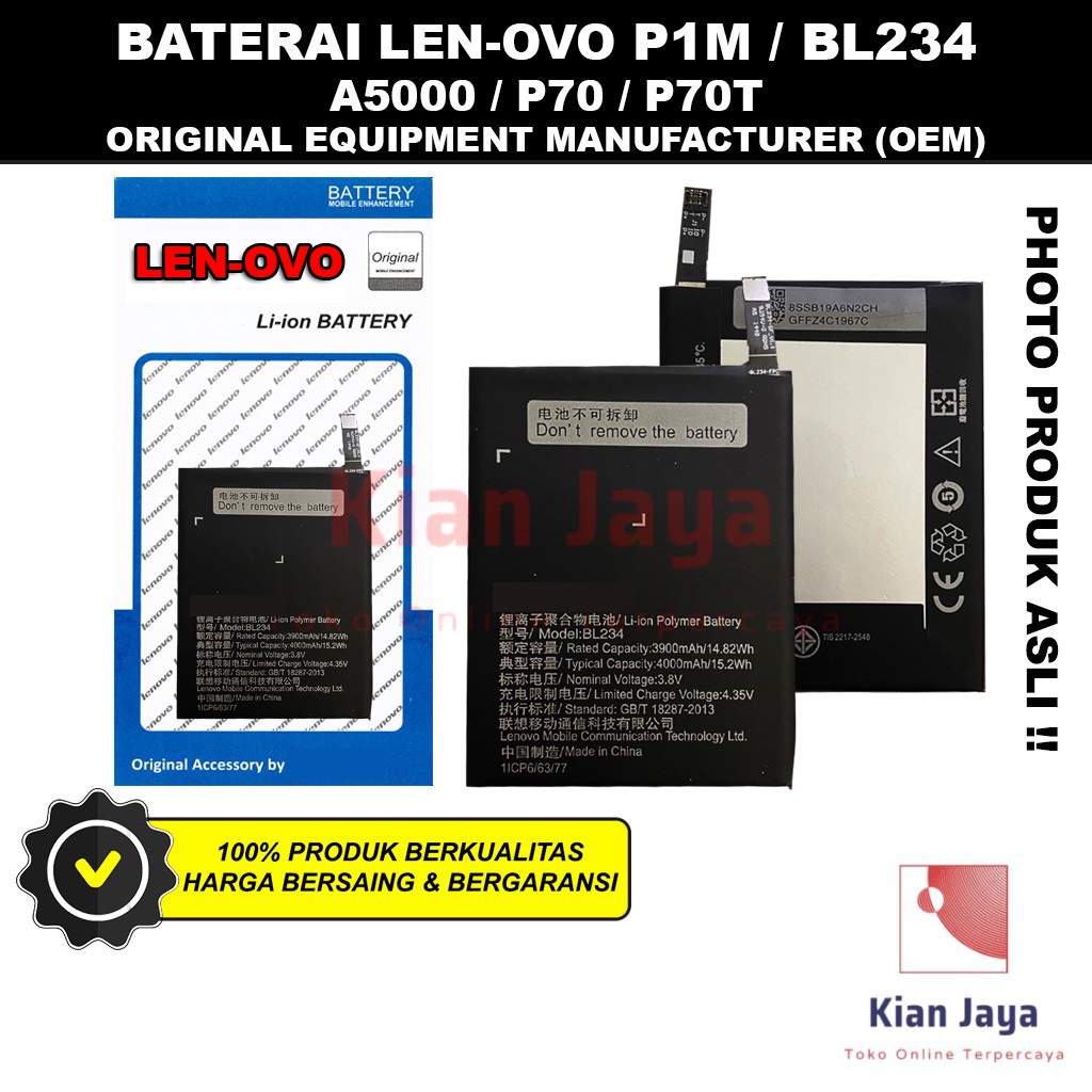 Baterai Hp P1M / A5000 / P70 / P70T / P90 / BL234 Original Oem Batre Batrai Battery Hp Ori LEN OVO