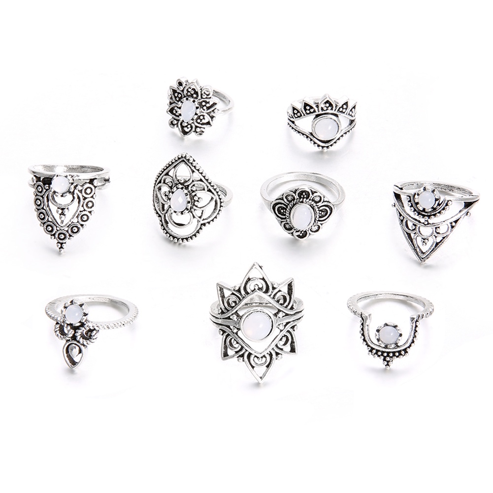 Hu Hu Hu Hu Hu Alat Bantu Pasang Kacamata♡ 9pcs / Set Cincin Buku Jari Aneka Bentuk Warna Silver Gaya Retro Untuk Wanita