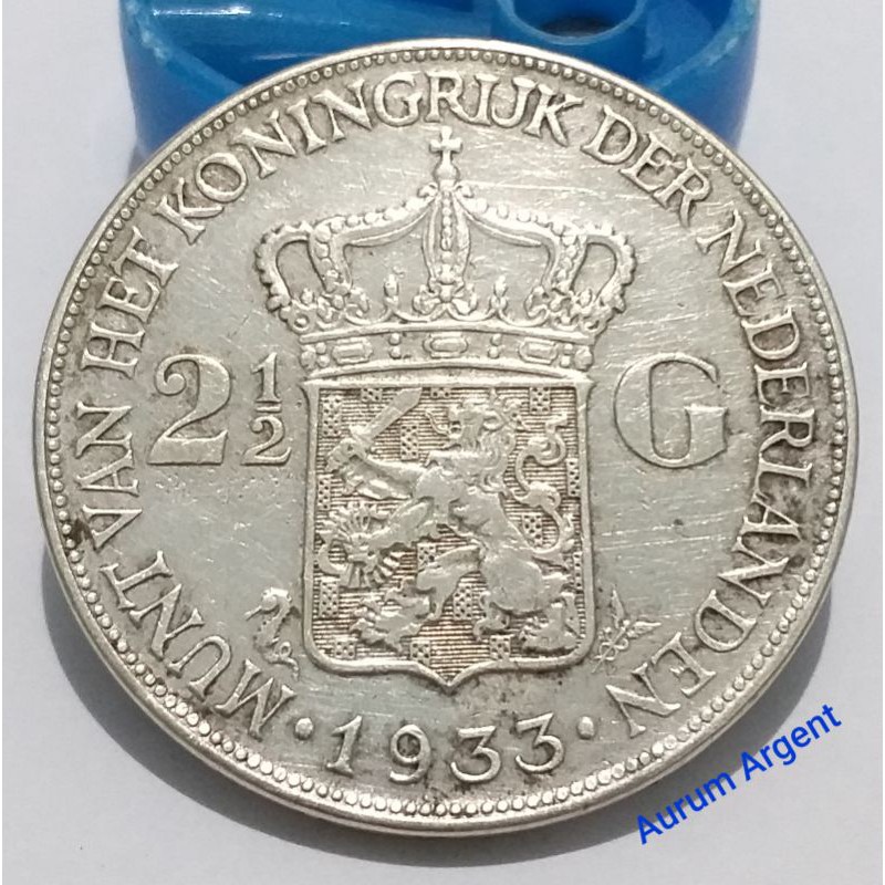 SWILH2.5G-18.. 1 PC KOIN PERAK KUNO ASLI 2.5 GULDEN WILHELMINA TH 1933.  -- SILVER COIN --
