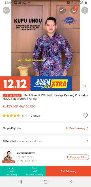 Batik Solo Kupu Ungu Kemeja Panjang Pria Katun Halus Sragenan Full Furing