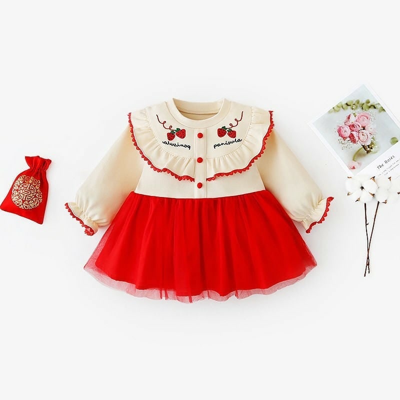 Promo !! Dress import baby cute / dress four strawberry pink renda ukuran 6bulan-2tahun / Dress anak perempuan