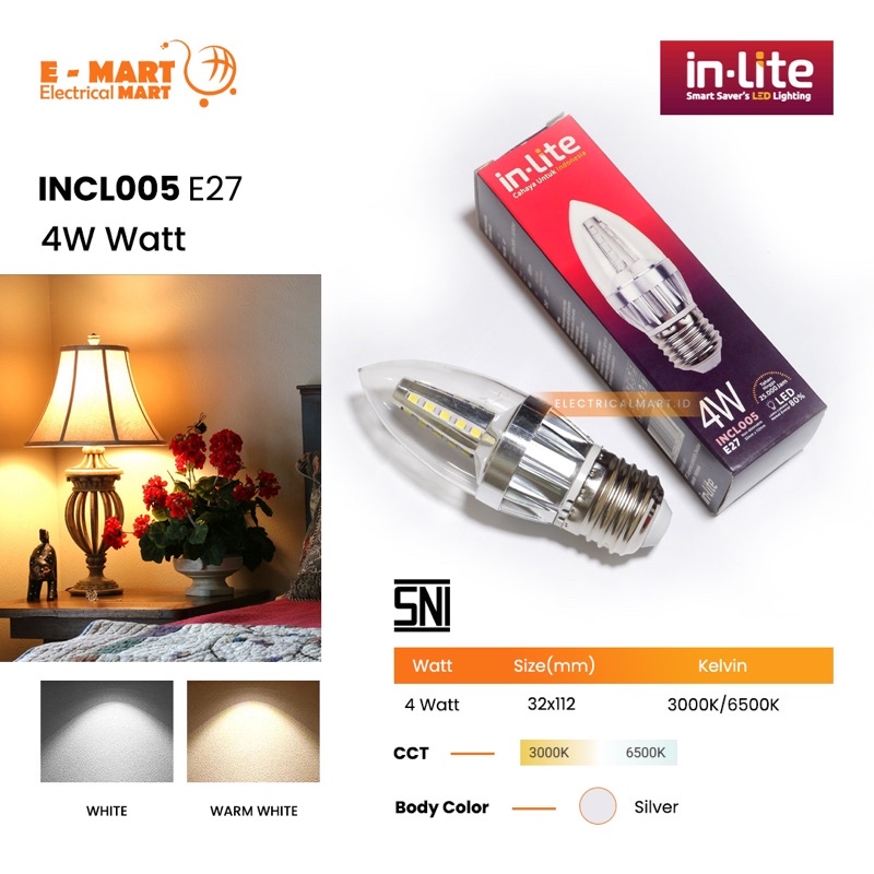 INLITE LED CANDLE 4Watt E27 KUNING INLITE CANDEL E27 Warmwhite Putih 4 W