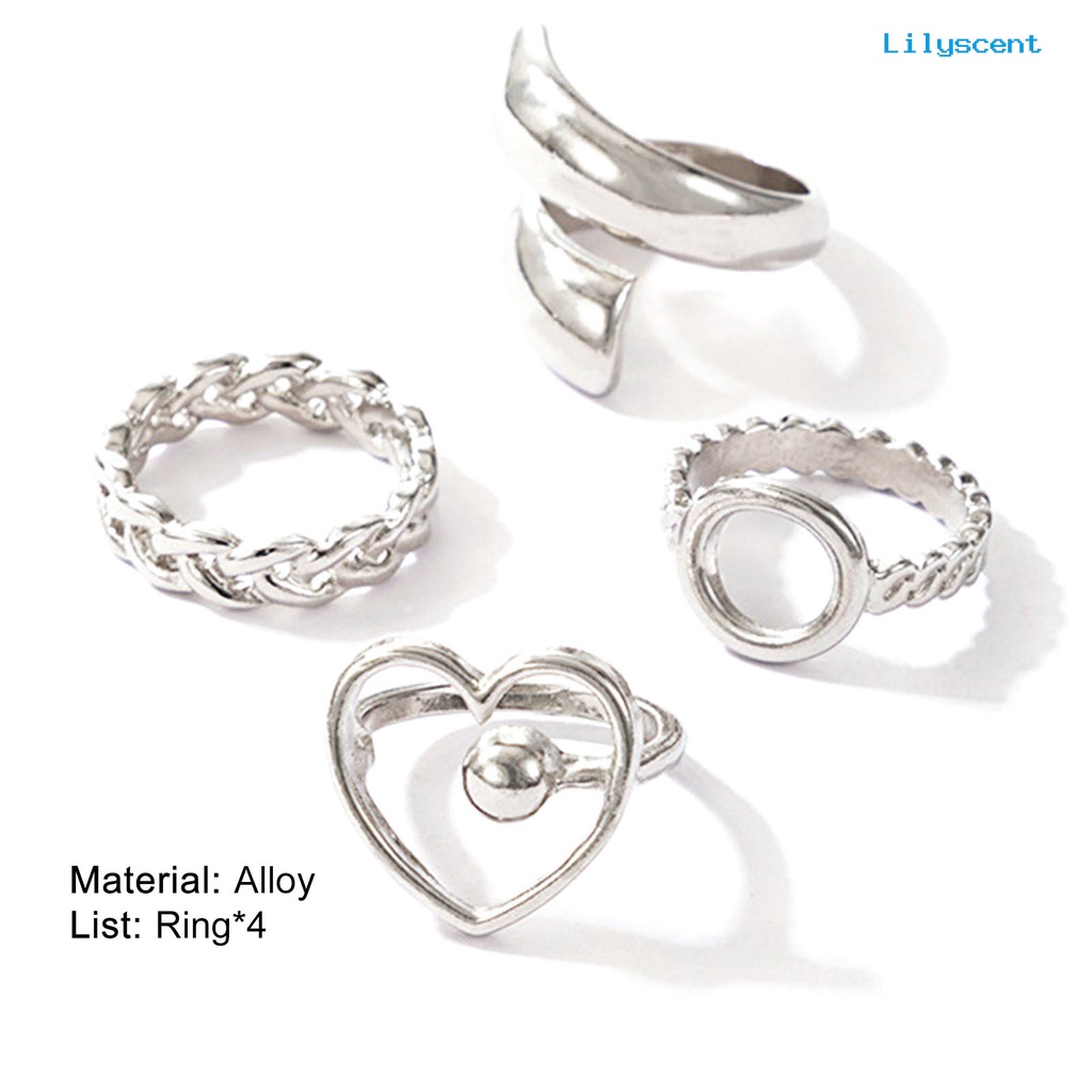 4pcs / Set Cincin Jari Bentuk Hati Geometris Model Terbuka Bahan Alloy Untuk Pesta