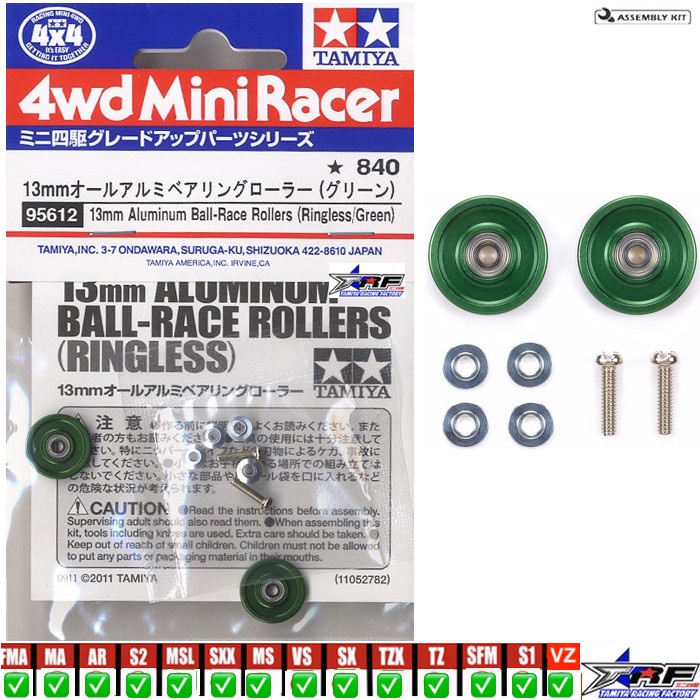TAMIYA 95612 ALUMINUM BALL RACE ROLLERS 13Mm RINGLESS GREEN